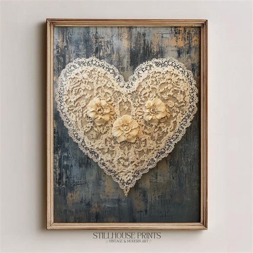 Vintage Lace Heart Art Print, Decorative Wall Art, Cottagecore Neutral Decor, Romantic Textile Collage, Instant Download 1001 - Etsy