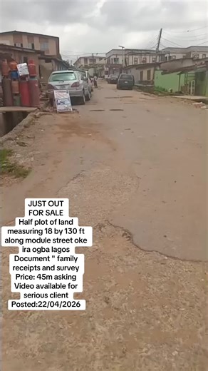 JUST OUT FOR SALE Half plot of land measuring 18 by 130 ft along module street oke ira ogba lagos Document