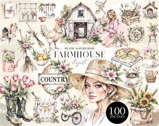 Rustic Farmhouse Clipart Set, Country Cottage PNG Illustrations, Vintage Farm Girl - Etsy