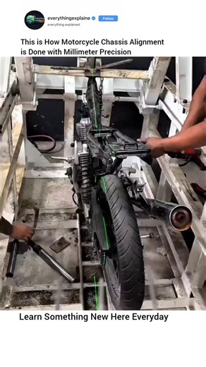 Explaining Everything on Instagram: "A single misaligned degree can completely change how a motorcycle rides, handles, and wears over time. Technicians realign the frame, swingarm, and rear wheel using laser reference lines, fixed jigs, and controlled mechanical leverage. A green laser marks the true centerline, revealing distortions that are invisible to the naked eye. Instead of replacing major components, precise force is applied to correct the chassis and restore factory geometry. This bring