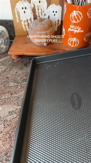 Disappearing Ghosts Sensory Play 👻 Save this idea for your next Halloween activity!! I used shaving cream to create a ghost shape, added black paint for eyes & frozen them over night. This created a fun, new texture to explore with! #sensoryplayideas #sensorybin #sensoryplay #handsonlearning #halloweenactivities | Kelliechandler2