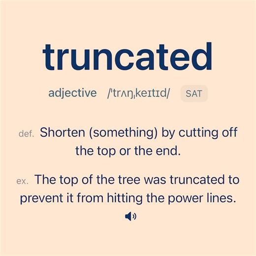 Vocabulary - A dictionary app to learn English words on Instagram: "The meeting was truncated due to a sudden power outage. Word: truncated Definition: Shorten (something) by cutting off the top or the end. Example Sentence: The top of the tree was truncated to prevent it from hitting the power lines. Hashtags: #SAT Word: cut off Definition: To disconnect or interrupt something. Example Sentence: The phone call was cut off before we could finish our conversation. Word: abridged Definition: Short