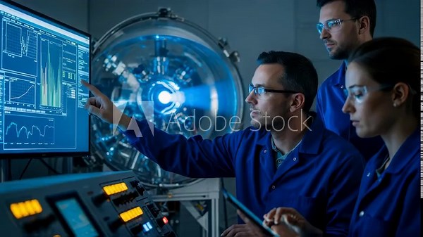Engineers monitor realtime data from a satellite ion thruster operating in a vacuum chamber during performance evaluation.