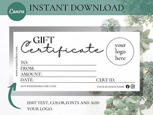 GIFT CERTIFICATE TEMPLATE Printable, Canva, Editable Gift Certificate Template With Logo, Editable Gift Card, Instant Download Gift Voucher - Etsy
