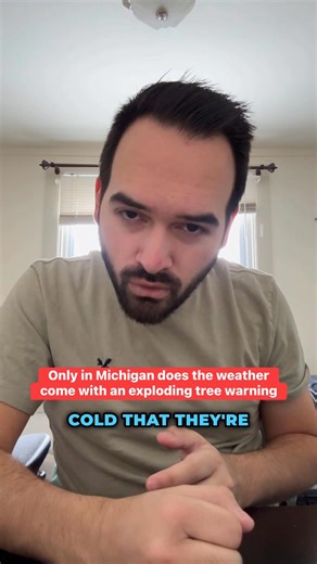 🚨 APPARENTLY I HAVE TO ADD THIS NOTICE BECAUSE PEOPLE CAN’T DISCERN WHAT’S DRAMATIC SATIRE AND WHAT’S NOT: this is dramatic humor! Michigan winter just unlocked a brand new fear! There is now an exploding tree warning because temperatures are dropping so low that trees can crack and blow up from internal pressure. If the trees are struggling to survive this cold, you already know how brutal it feels for everyone stepping outside! This is extreme winter weather, and Michigan is getting hit hard.