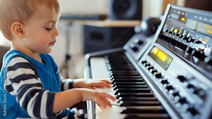 Young child playing a keyboard synthesizer, exploring music and sound creation at home, fostering creativity and early musical development.