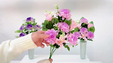 XONOR Artificial Cemetery Flowers, Artificial Grave Memorial Flowers with Vase for Cemetery Graveyard Decoration (Purple Flowers Bouquets, Set of 4)