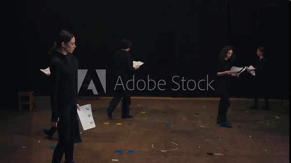 A group of confident actors in black suits walk around the stage with sheets of script and text in their hands. A brunette girl stands up straight and reads her text before the start of the