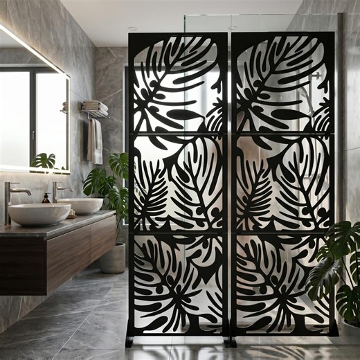 Modern Bathroom Divider: Freestanding Privacy Screen With Monstera Design - Etsy