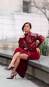 Kelsey Adams on Instagram: "Happy first day of Spring! I’m carrying burgundy over into the season before we transition to warmer days 🥀 Dress/Jacket: @hollylolly.tr via @porteristcom Shoes: @larroude"