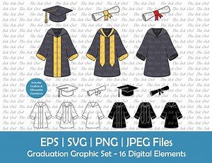 Graduation Robe Gown Vector Clipart / Outline, Silhouette & Color Graphics / Mortarboard Hat and Certificate or Diploma / Svg, Png, Jpg, Eps - Etsy