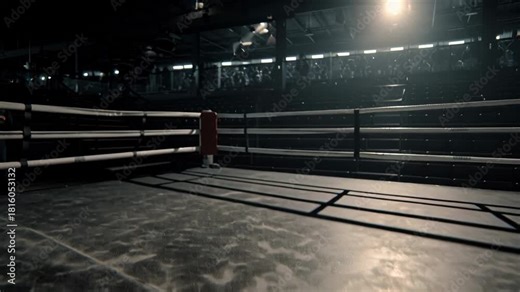 Empty Boxing Ring of a Professional Arena from a Low Angle on the Canvas Floor with Blurry Lights