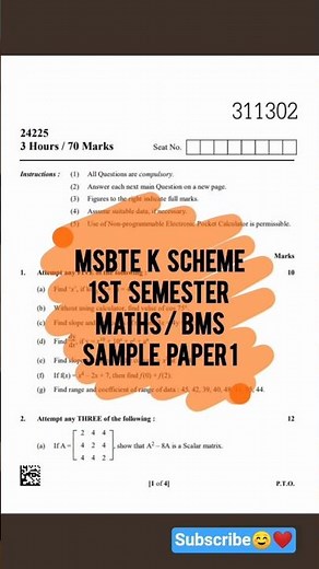 MSBTE K SCHEME 1ST SEMESTER MATHS/ BMS SAMPLE PAPER 1 (PYQ) #polytechnic #msbte #maths #bms #pyq