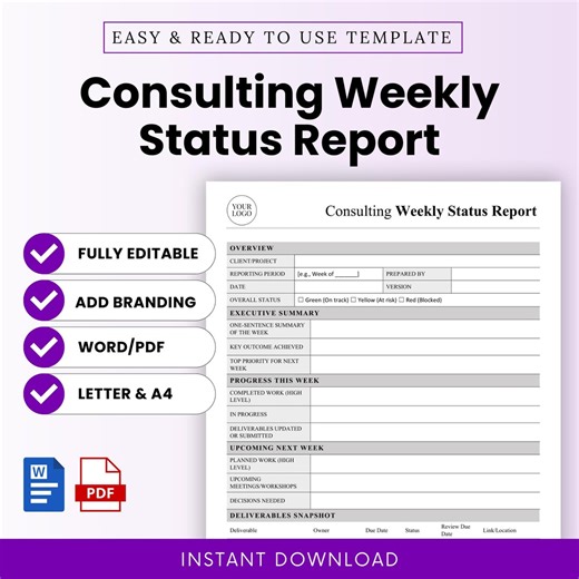 Consulting Weekly Status Report Template – Word & PDF, A4   US Letter