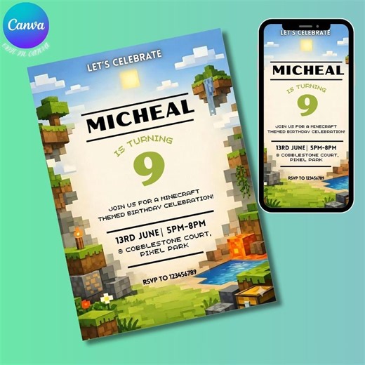 Minecraft Birthday Invitation Editable Template, Pixel Gamer Party Invite for Kids, Printable Videogame Birthday - Etsy