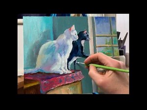 Video tutorial how to paint beautiful cats in oil. Easy way to paint sitting cats.