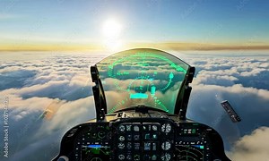 Cockpit perspective from a fighter jet flying high above the clouds at sunrise, showcasing advanced aviation technology and pilot experience