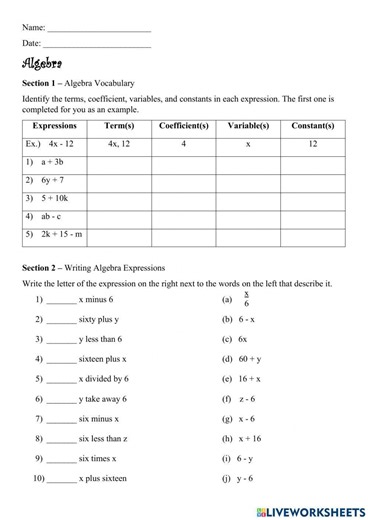 Algebra Vocabulary and Writing Expressions worksheet