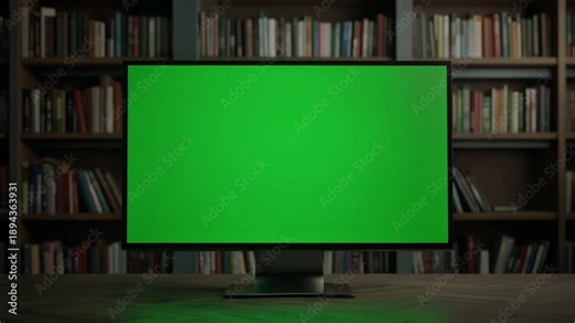 Horizontal green screen monitor mockup on a wooden desk in a library with blurry bookshelves in the background.