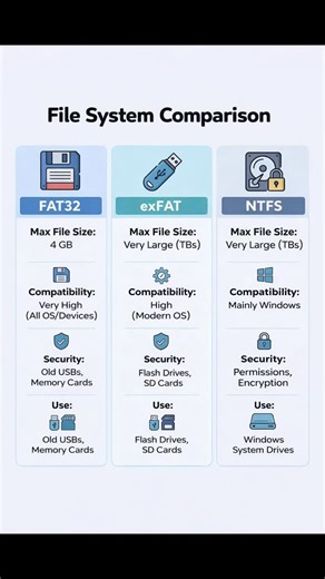 MehraTech on Instagram: "💾 FAT32 vs exFAT vs NTFS – Which File System Should You Choose? Confused about which file system is best for your USB drive, memory card, or Windows system? 🤔 This simple comparison explains file size limits, compatibility, security, and best use cases so you can pick the right one with confidence. ✅ Save & share to avoid format mistakes! #FileSystem #FAT32 #exFAT #NTFS #TechExplained ComputerTips USBDrives StorageGuide WindowsTips MehraTech"