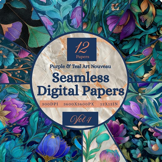 Purple & Teal Seamless Printable Paper, Square Origami Backgrounds, Art Nouveau, Volume 4 (digital Download) - Etsy