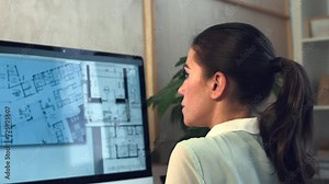 Computer, architect or woman with floor plan for planning a construction or maintenance project. Designer, digital blueprint or civil engineering on screen for architecture online, research or design