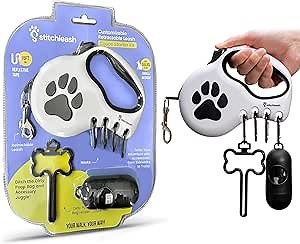 Retractable Dog Leash for Small & Medium Dogs (Up to 55lbs) - Customizable, Patented, Reflective Design, Ergonomic Handle, Includes Hooks & Poop Bag Holder & Dispenser - White