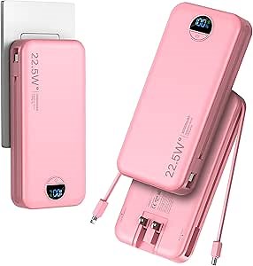 20000mAh Ultra-Portable-Charger-Power-Bank PD20W with Built in Cables&AC Wall Plug,Fast Charging Cell Phone Charger Battery Pack,LED Display Travel Battery Bank for All iPhone,Samsung,Android