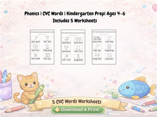 CVC Words Worksheets | Read, Circle & Color | Phonics Printable for Pre-k Kindergarten Reception | Ages 4–6 - Etsy Australia