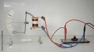 Pointer instrument demonstration; a coil activates the pointer mechanism when a current flows; (indicated by small lamp)