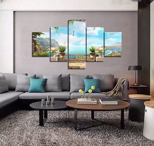 Modern European Landscape Ocean Painting 5 Panels Combination Set Wall Art Canvas Pictures for Home Decoration Living Room Bedroom Posters and Prints Gallery-wrapped Framed Stretched (50''W x 24''H)