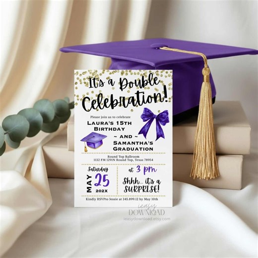 Birthday Graduation Invitations Double Celebration Graduation Announcement Template Purple Bow Editable Printable Canva Template Digital - Etsy