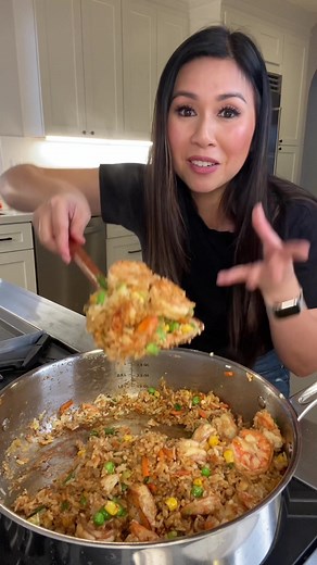 How to make Shrimp Fried Rice! I make fried rice at least once a week because we always have leftover rice. In a large pan heat up 2 tbsps of butter on medium heat and then add 1 pound of shrimp and 2 tbsps of minced garlic. Cook for 2-3 minutes then add 3 cups of rice, 2 eggs and 2 tbsps of sesame oil. Cook for a 1-2 mins to reheat the rice then add 1 cup of frozen assorted veggies and cook for another 2-3 minutes. Lastly sprinkle green onions and add 2-3 tbsps of soy sauce and cook for another