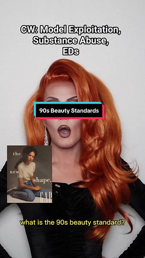We need to talk about the 90s beauty standard… Alternate description: Taipei wears a black dress against a white background. Images of models from the 90s are flashed on the screen as she refers to them. #90sSupermodels #KateMoss #DragQueenFashion #FashionHistory