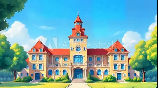 Cartoon Illustration of a Large School Building with a Tower and Surrounding Trees
