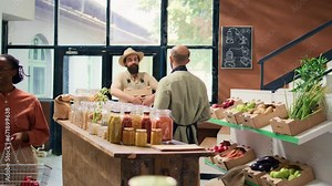 Local farmer delivers products to seller in zero waste eco supermarket, bringing freshly harvested fruits and vegetables in crates. Small business owner supplies vendor with natural goods.