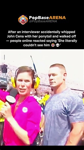 fans defend an interviewer who accidentally whipped John cena saying she didn't see him #johncena