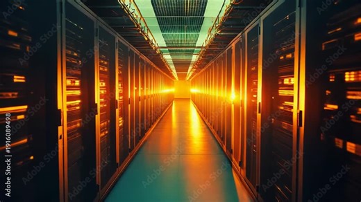 Server racks form a glowing corridor in a modern data center, symbolizing cloud computing, ai and big data infrastructure powering global networks and digital services