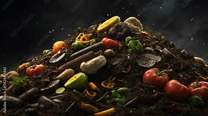 Video animation of compost made up of decomposing vegetables and organic matter. It is rich in color, showcasing the various stages of decomposition,International Day of Zero Waste