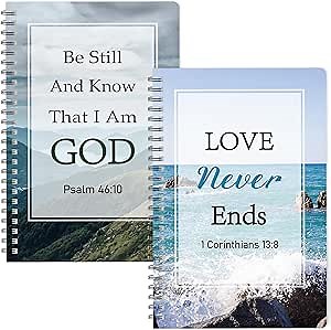 Xqumoi 2Pack A5 Natural Scenery Religious Spiral Notebooks - Love Never Ends Bible Verses Notebooks, Ruled Lined Journal, Inspirational Christian Christmas Gift, Sunday School Supplies
