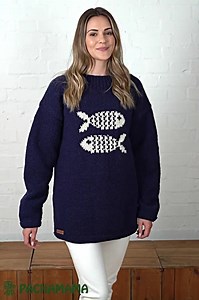 Men's and Women's Fish Knitted Jumper - Navy Blue Sweater - 100% Wool Handmade in Nepal - Chunky Knit Oversized Pullover - Pachamama - Etsy