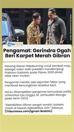 Pengamat: Gerindra Ogah Beri Karpet Merah Gibran, Peluang Dampingi Prabowo di Pilpres 2029 Kecil