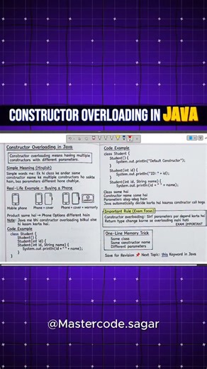 Sagar Rathod on Instagram: "🔁 Constructor Overloading in Java – Same Class, Different Constructors Constructor Overloading allows a class to have multiple constructors with different parameters. It helps in creating objects in different ways, depending on the data provided 💻 👉 Real-life example: Same phone 📱, different buying options — only phone, phone + cover, phone + warranty. Product same, options different. Java me bhi constructor overloading bilkul aise hi kaam karta hai. 📌 Important