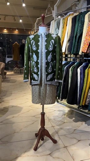 Custom Hand Embroidered Mehendi Green Velvet Coat