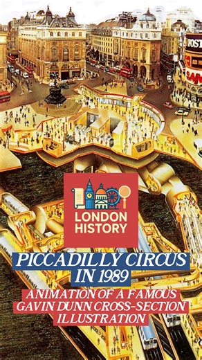 @LONDON • #ThisIsLondon on Instagram: "#LondonHistory // In 1989 Gavin Dunn illustrated a 3D “cutaway” of #PiccadillyCircus to show a cross-section of life above ground and below ground, and how the various escalators and stairs and tunnels were all interconnected along with the station concourse below the famous junction. We thought it would be fun to animate his illustration so it comes to life a little… what do you think? 🤔 Fun to go back in time! 🤗 @MrLondon 📸 Original image credit - Gavi