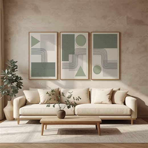 Sage Green Geometric Triptych, Modern Minimal Wall Art With Grey - Etsy