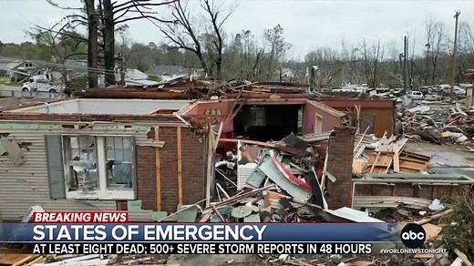 The massive storm system that’s spawned tornadoes and flooding is threatening millions from Kentucky to Texas. At least eight have died, including a Kentucky boy who was swept away by floodwaters walking to the bus, officials say. Morgan Norwood reports. https://abcnews.link/sHZWmd5 | ABC World News Tonight with David Muir