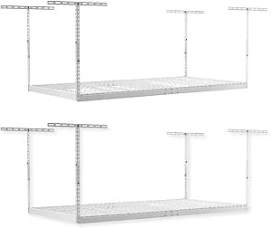 SafeRacks Overhead Garage Storage Rack, Heavy Duty Racks for Garage w/ 600 lb Capacity, Easy Garage Storage Adjustable Storage Rack Ceiling Mount Storage for Garage 4x8 White, 24"-45" (2 Pack)