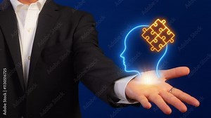 Problem solving icon, concept of thinking and creative idea. finding answer, solution of the problem, invention and searching for new ideas. Businessman shows puzzle icon inside head on virtual screen