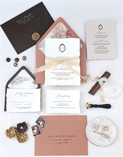 Autumn Fall Wedding Invitation Sample: Cotton Rag Invite, Terracotta Silk Ribbon, Foliage Envelope Liner - Etsy